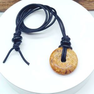 Natural Fossil Coral Necklace Fossilized Stone Pendant Leather Cord